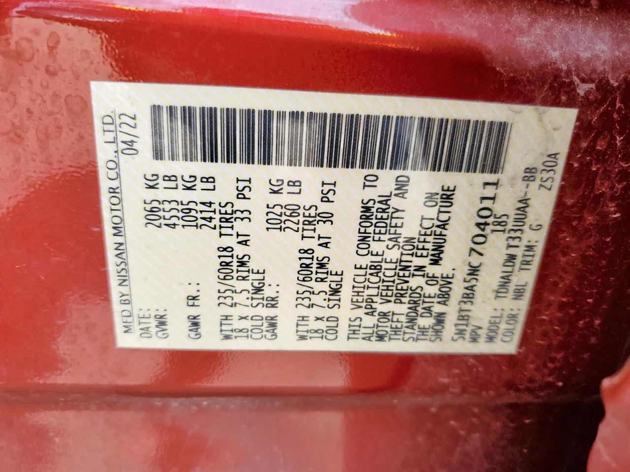 2022 Nissan Rogue Sv VIN: 5N1BT3BA5NC704011 Lot: 80453785