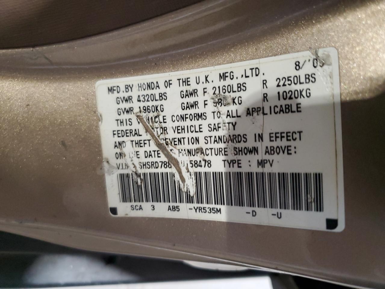 2003 Honda Cr-V Ex VIN: SHSRD78803U158478 Lot: 80109385