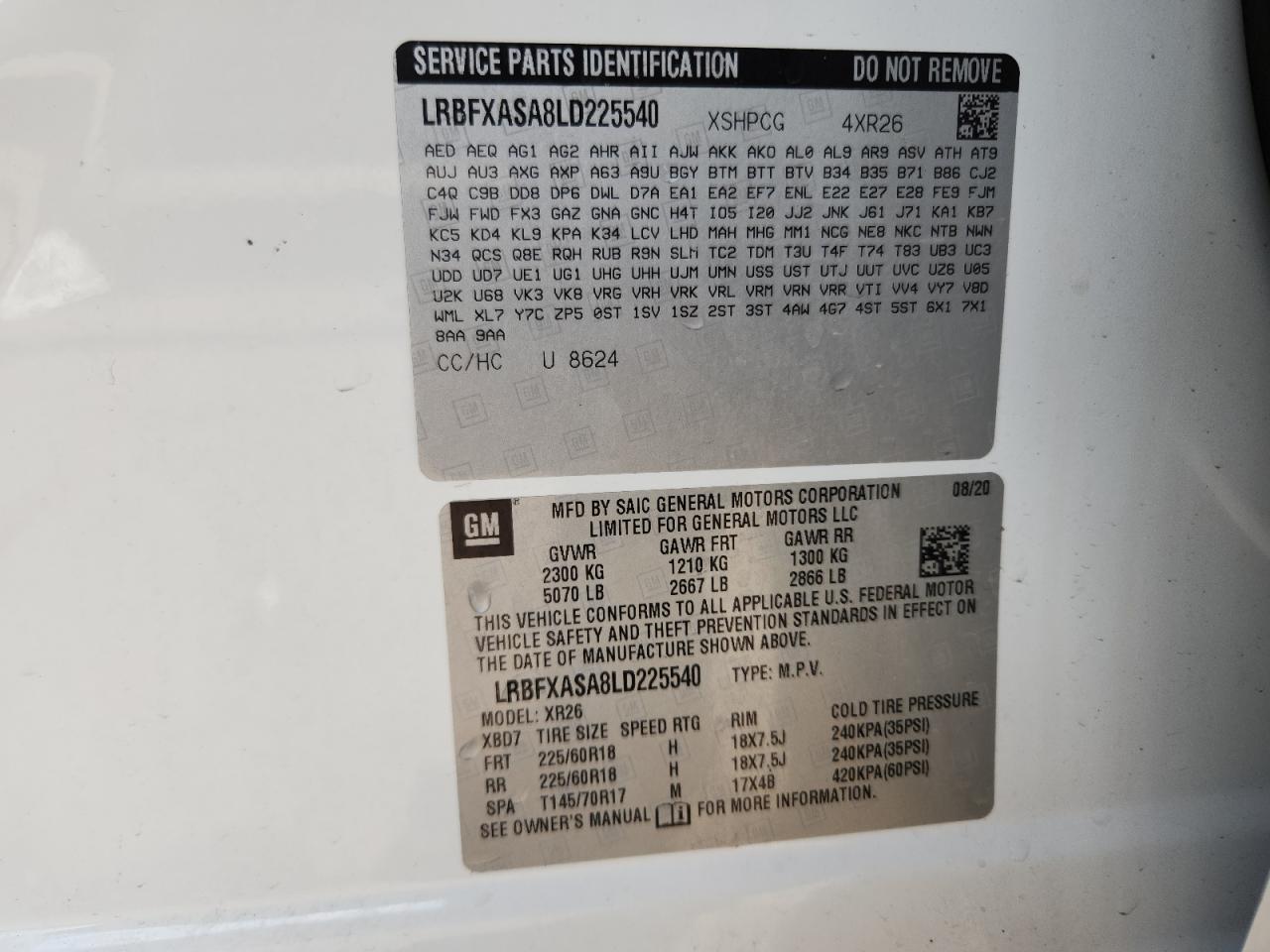 2020 Buick Envision VIN: LRBFXASA8LD225540 Lot: 80210535