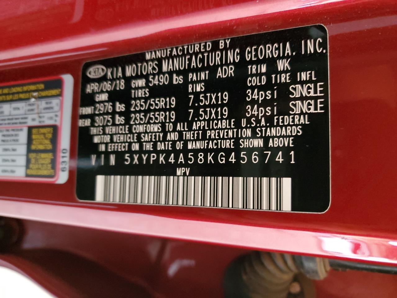 2019 Kia Sorento Sx VIN: 5XYPK4A58KG456741 Lot: 71924135