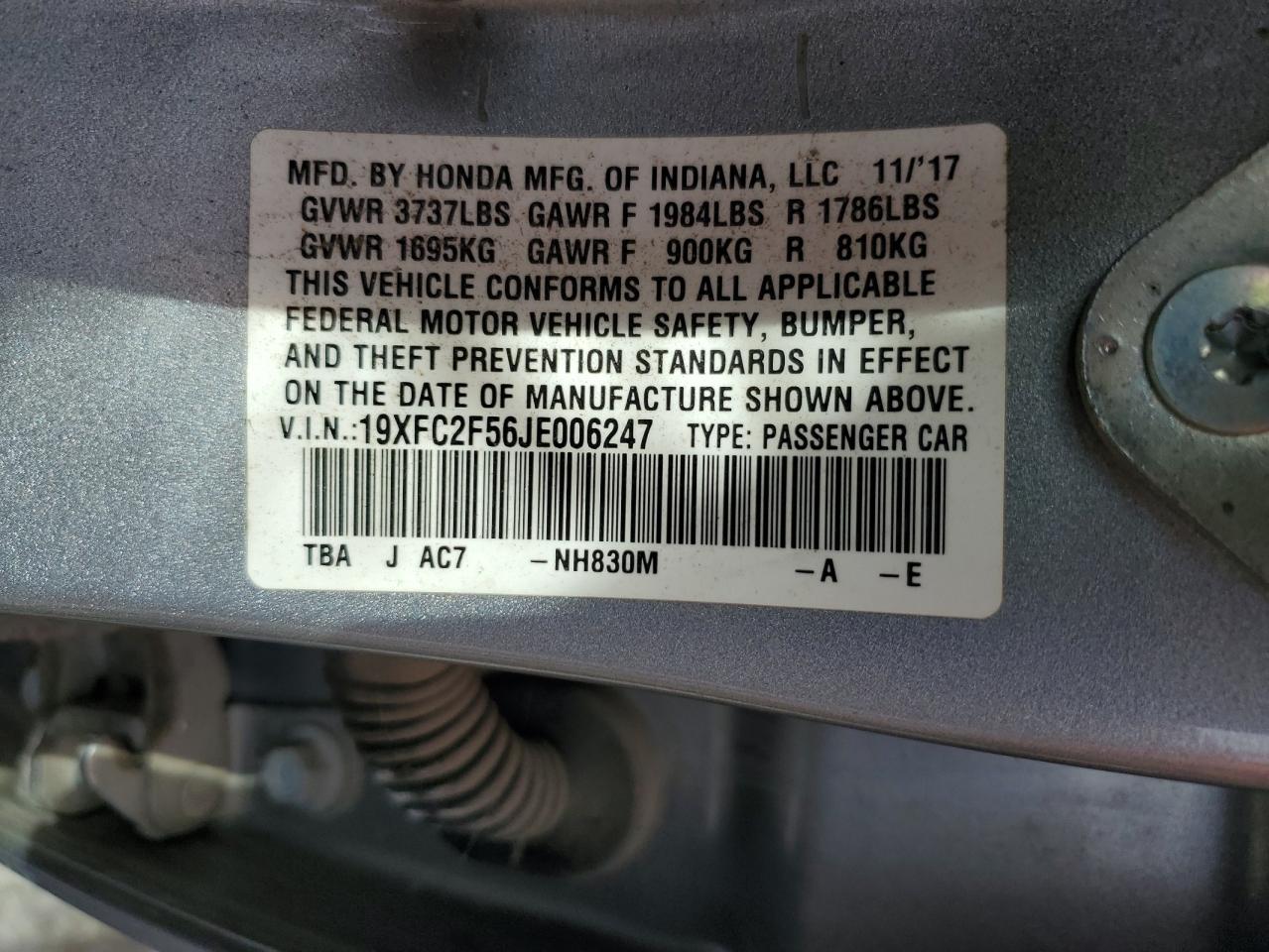 2018 Honda Civic Lx VIN: 19XFC2F56JE006247 Lot: 84379995