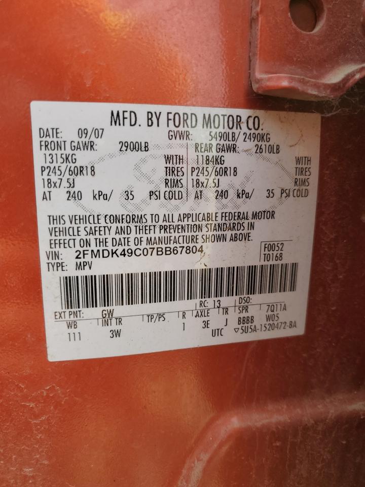 2007 Ford Edge Sel Plus VIN: 2FMDK49C07BB67804 Lot: 71104225