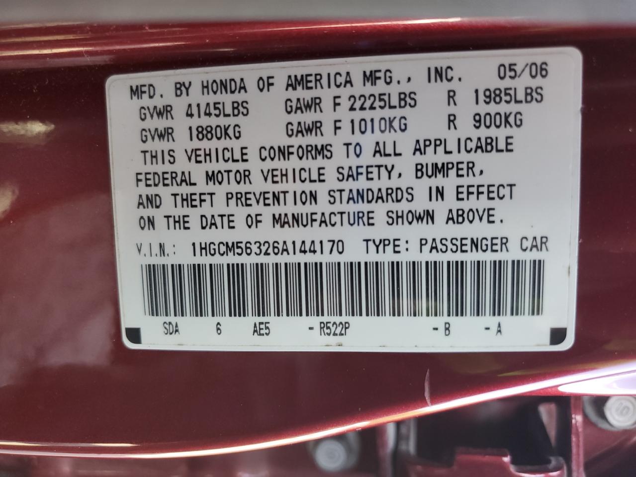 2006 Honda Accord Se VIN: 1HGCM56326A144170 Lot: 80621295
