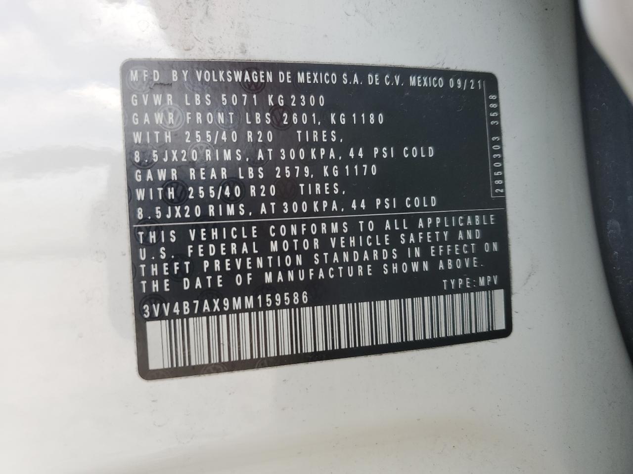 2021 Volkswagen Tiguan Sel Premium R-Line VIN: 3VV4B7AX9MM159586 Lot: 80168335