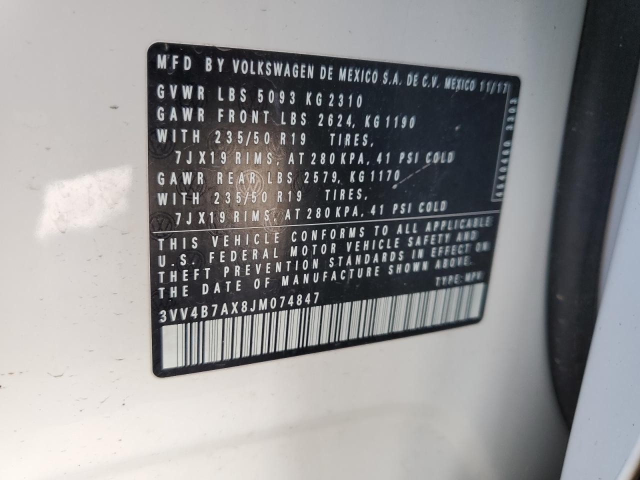 2018 Volkswagen Tiguan Sel Premium VIN: 3VV4B7AX8JM074847 Lot: 70623215