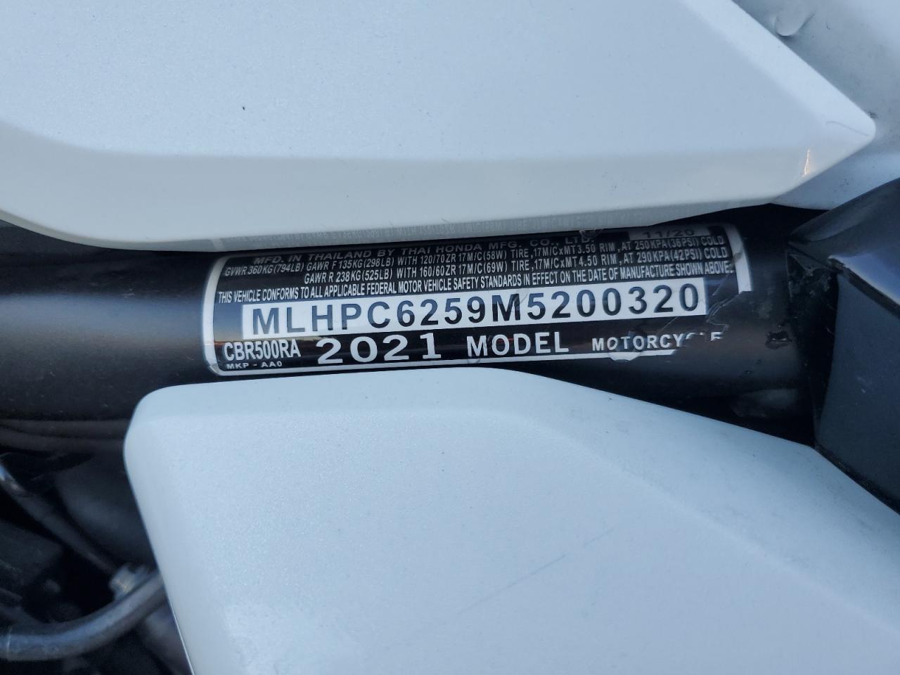 2021 Honda Cbr500 Ra VIN: MLHPC6259M5200320 Lot: 71809575