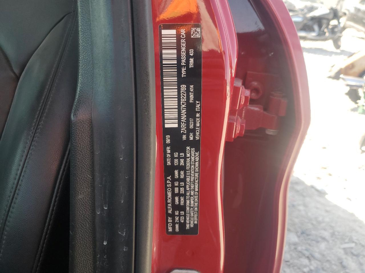 2019 Alfa Romeo Giulia VIN: ZARFANAN7K7622769 Lot: 80863775