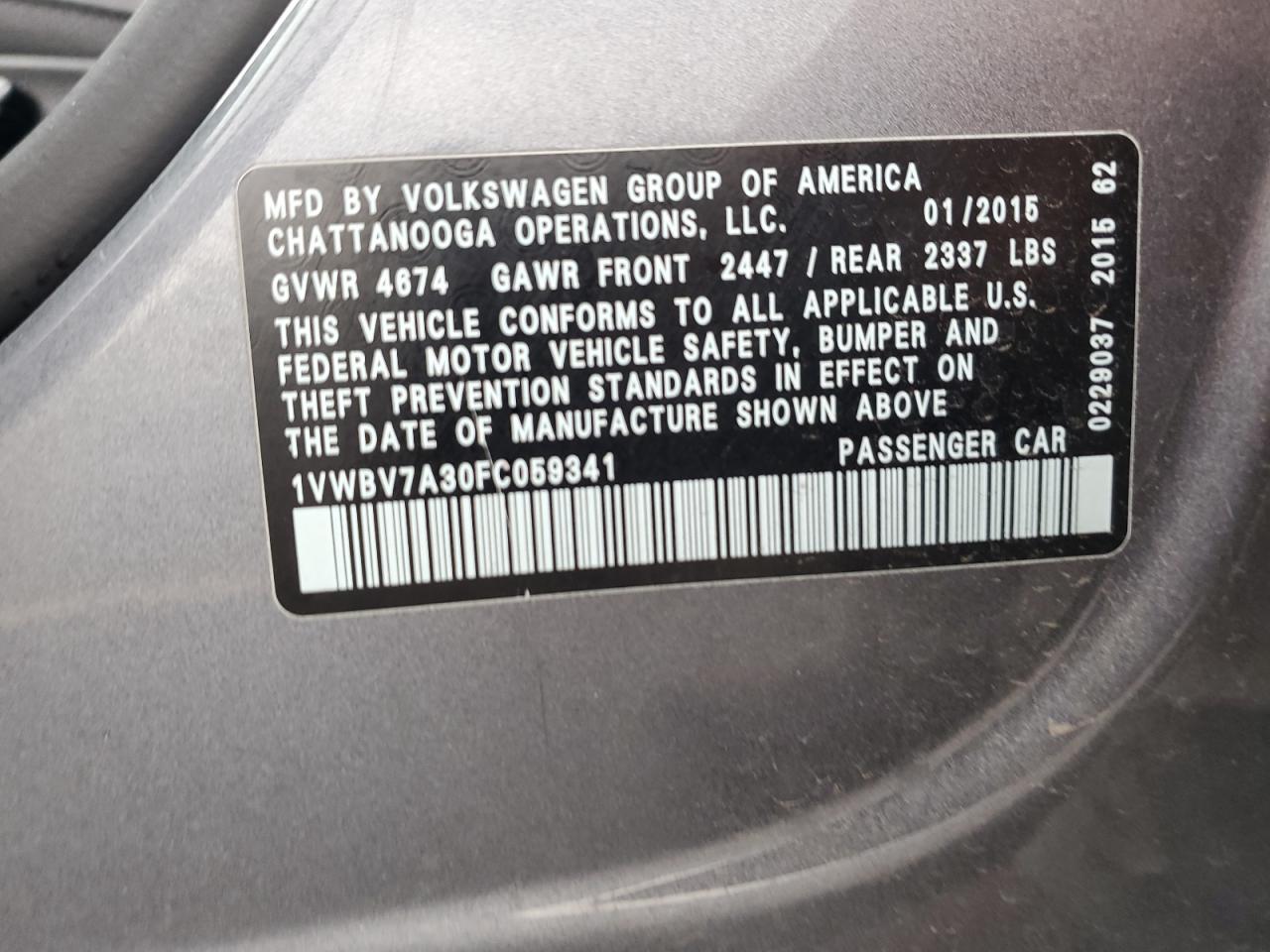 2015 Volkswagen Passat Se VIN: 1VWBV7A30FC059341 Lot: 84636115