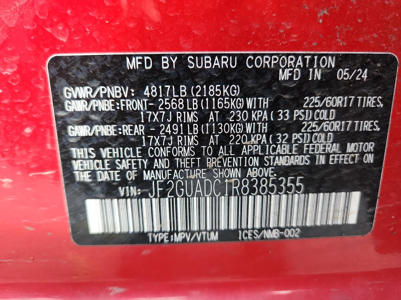 2024 Subaru Crosstrek Premium VIN: JF2GUADC1R8385355 Lot: 80194075