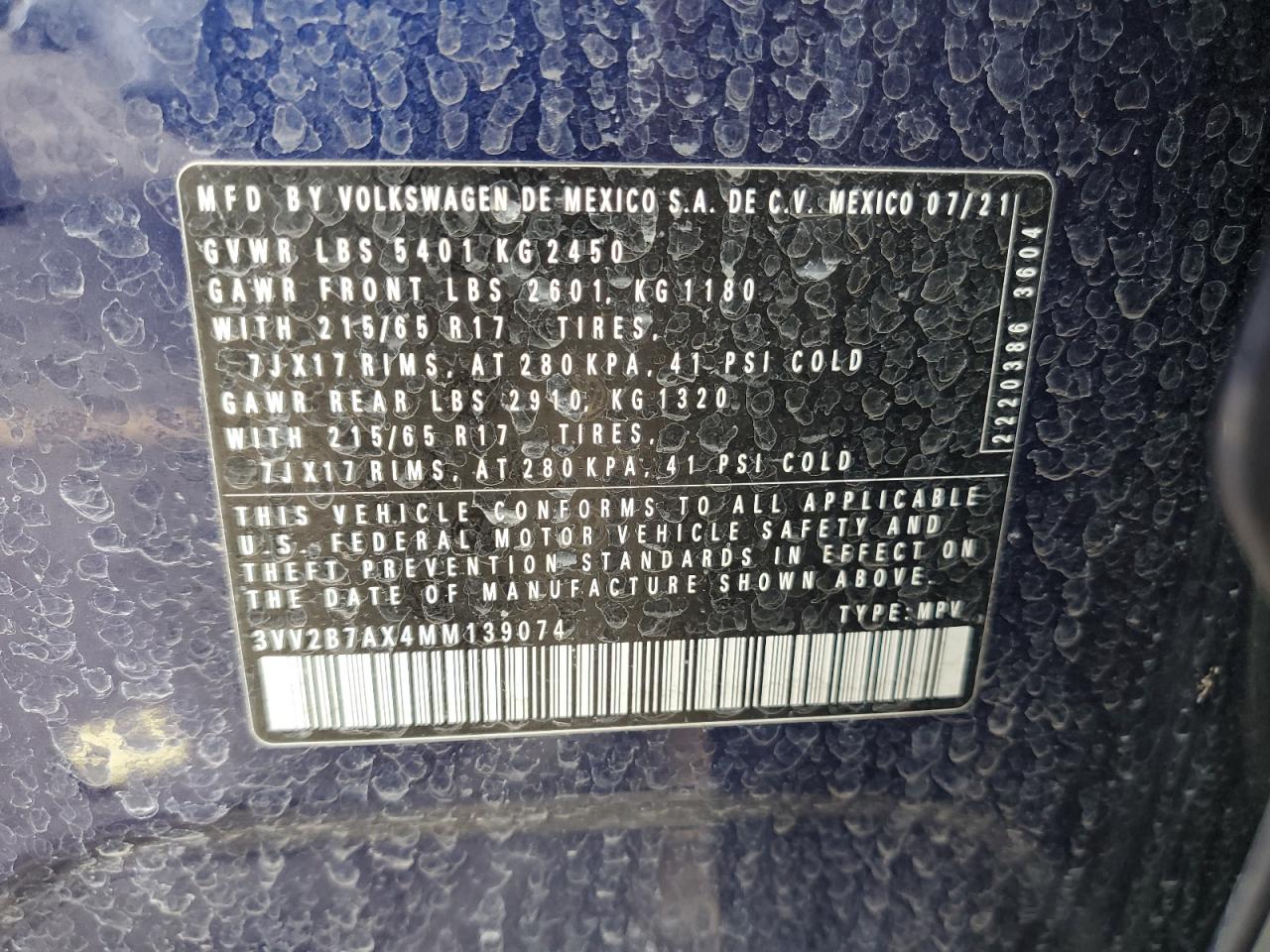 2021 Volkswagen Tiguan Se VIN: 3VV2B7AX4MM139074 Lot: 84018985