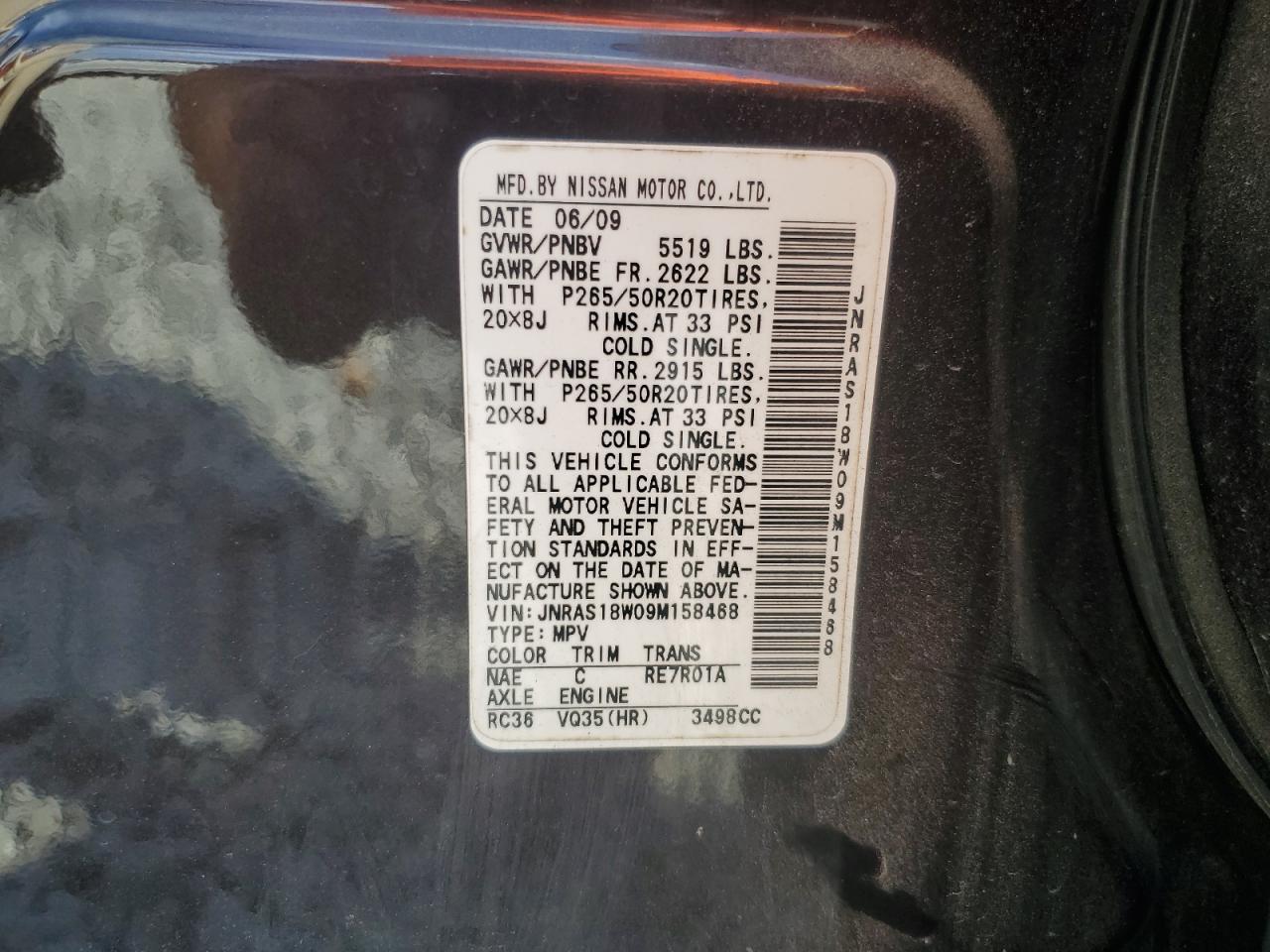 2009 Infiniti Fx35 VIN: JNRAS18W09M158468 Lot: 83760785