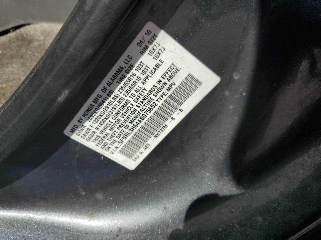 2010 Honda Odyssey Exl VIN: 5FNRL3H64AB075652 Lot: 80705325