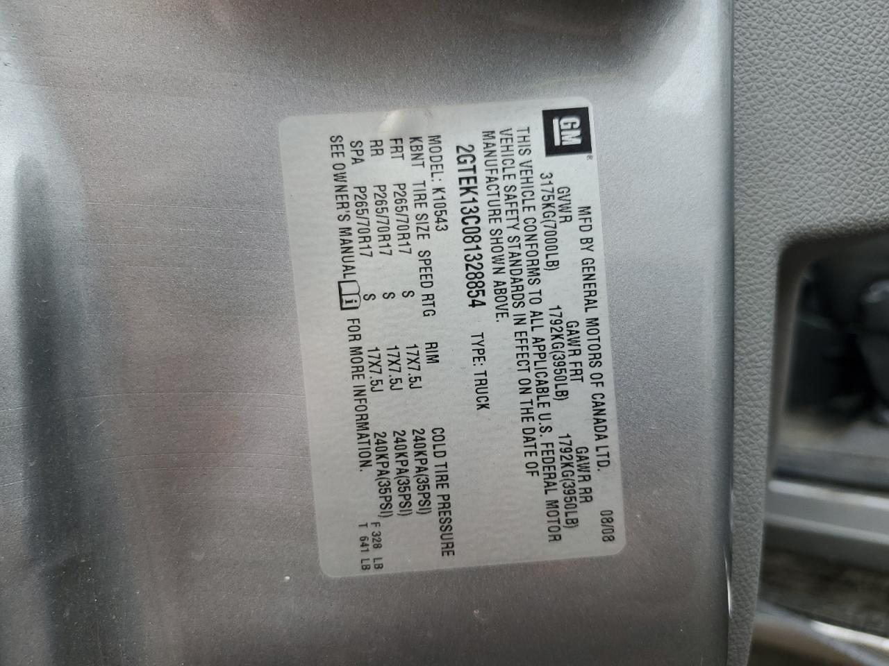 2008 GMC Sierra K1500 VIN: 2GTEK13C081328854 Lot: 84699195