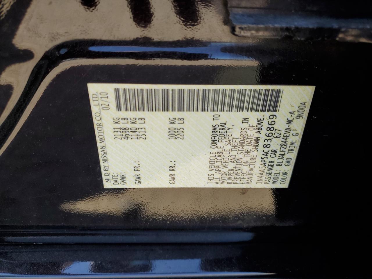 2010 Nissan Maxima S VIN: 1N4AA5AP5AC836869 Lot: 71567335