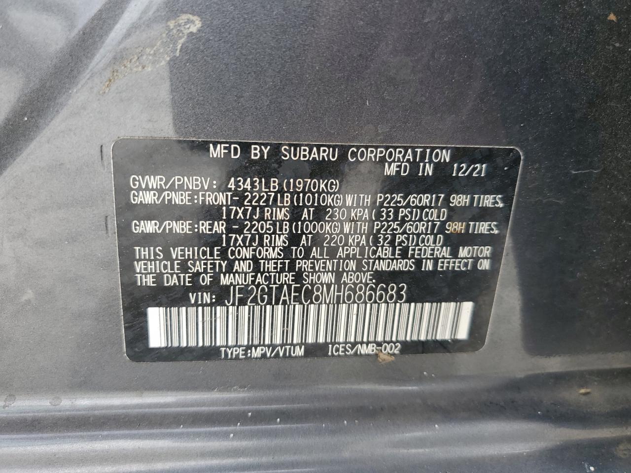 2021 Subaru Crosstrek Premium VIN: JF2GTAEC8MH686683 Lot: 81569975