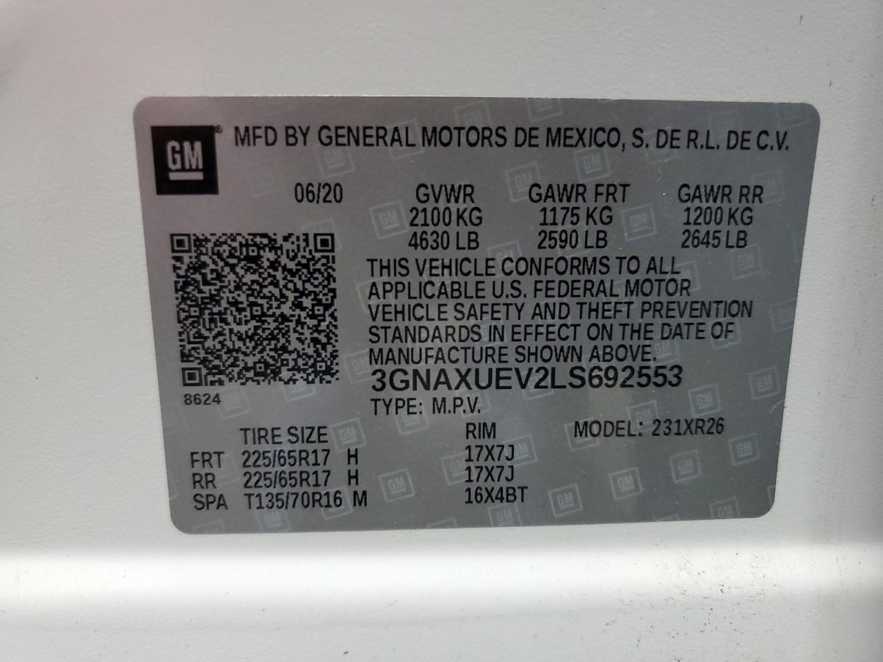 2020 Chevrolet Equinox Lt VIN: 3GNAXUEV2LS692553 Lot: 80522025