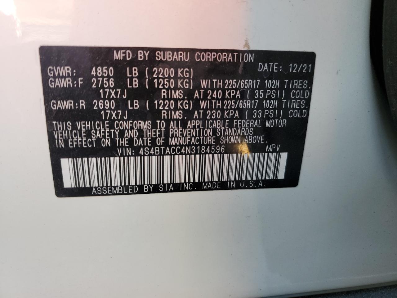 2022 Subaru Outback Premium VIN: 4S4BTACC4N3184596 Lot: 71328205