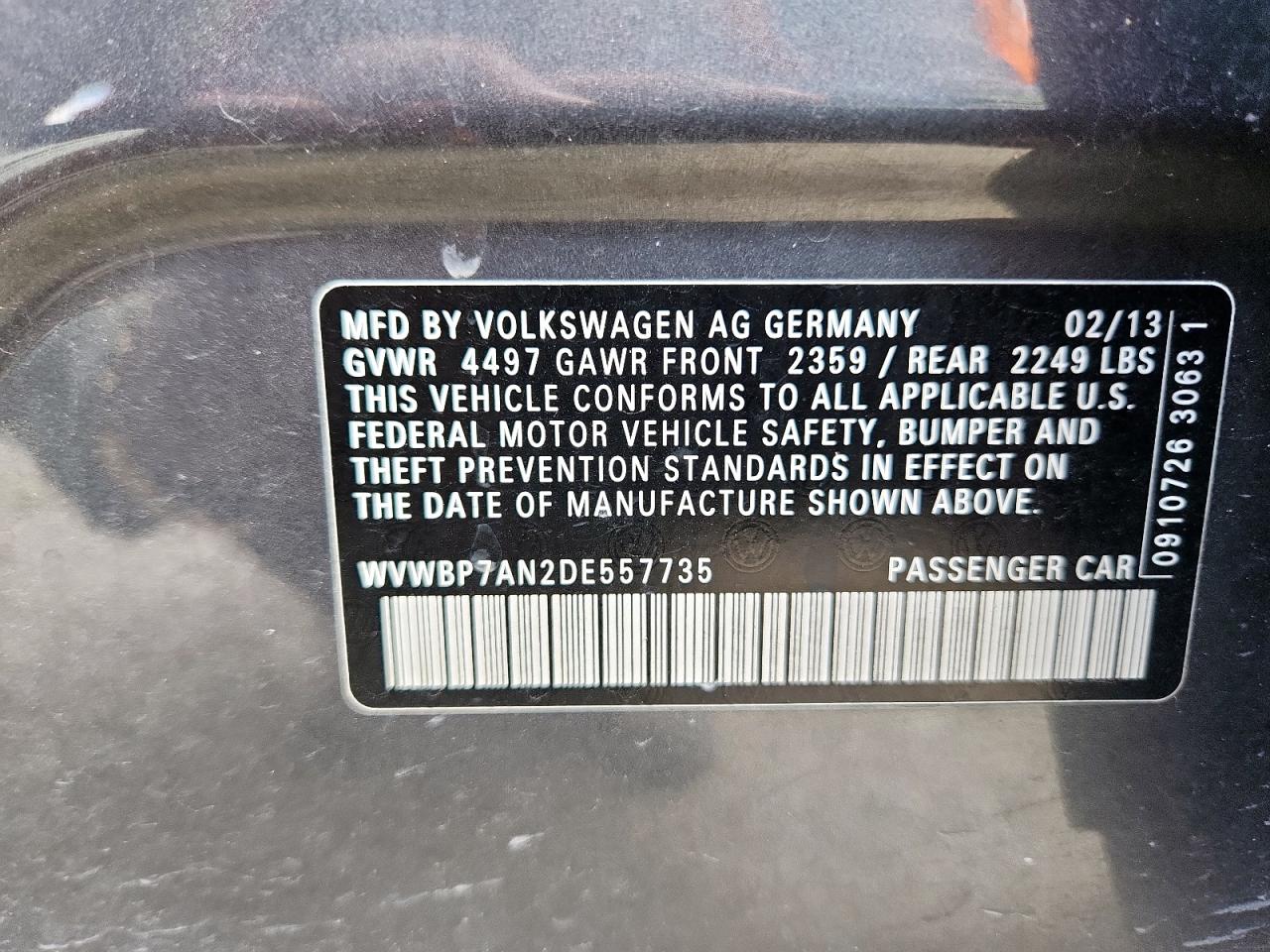 2013 Volkswagen Cc Sport VIN: WVWBP7AN2DE557735 Lot: 81040325