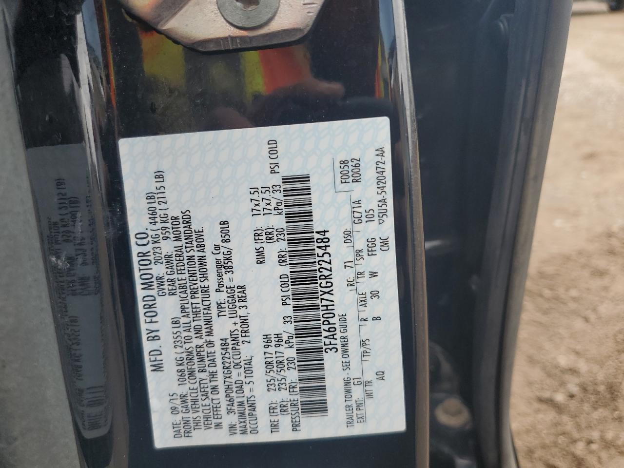 2016 Ford Fusion Se VIN: 3FA6P0H7XGR225484 Lot: 80795085