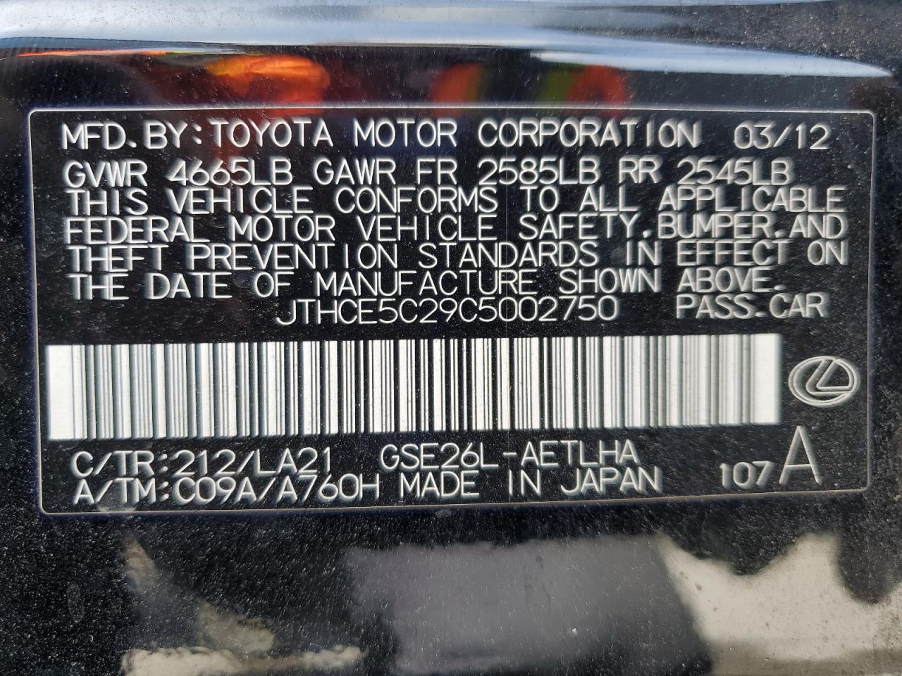 2012 Lexus Is 350 VIN: JTHCE5C29C5002750 Lot: 70995025