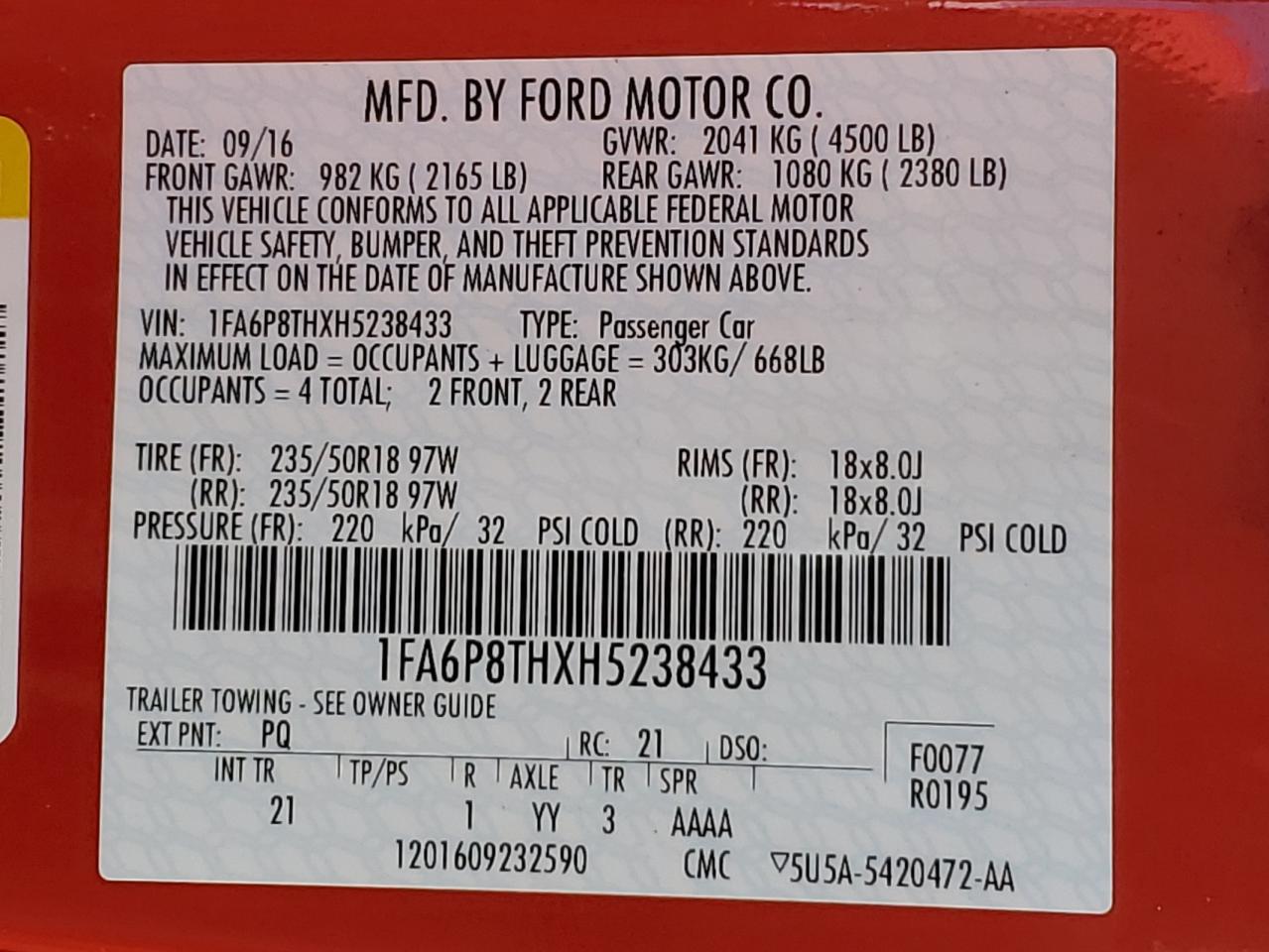 2017 Ford Mustang VIN: 1FA6P8THXH5238433 Lot: 81774355