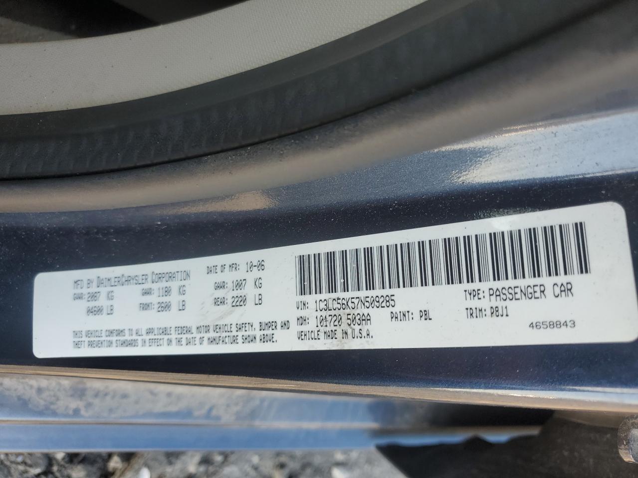 2007 Chrysler Sebring Touring VIN: 1C3LC56K57N509285 Lot: 83843985