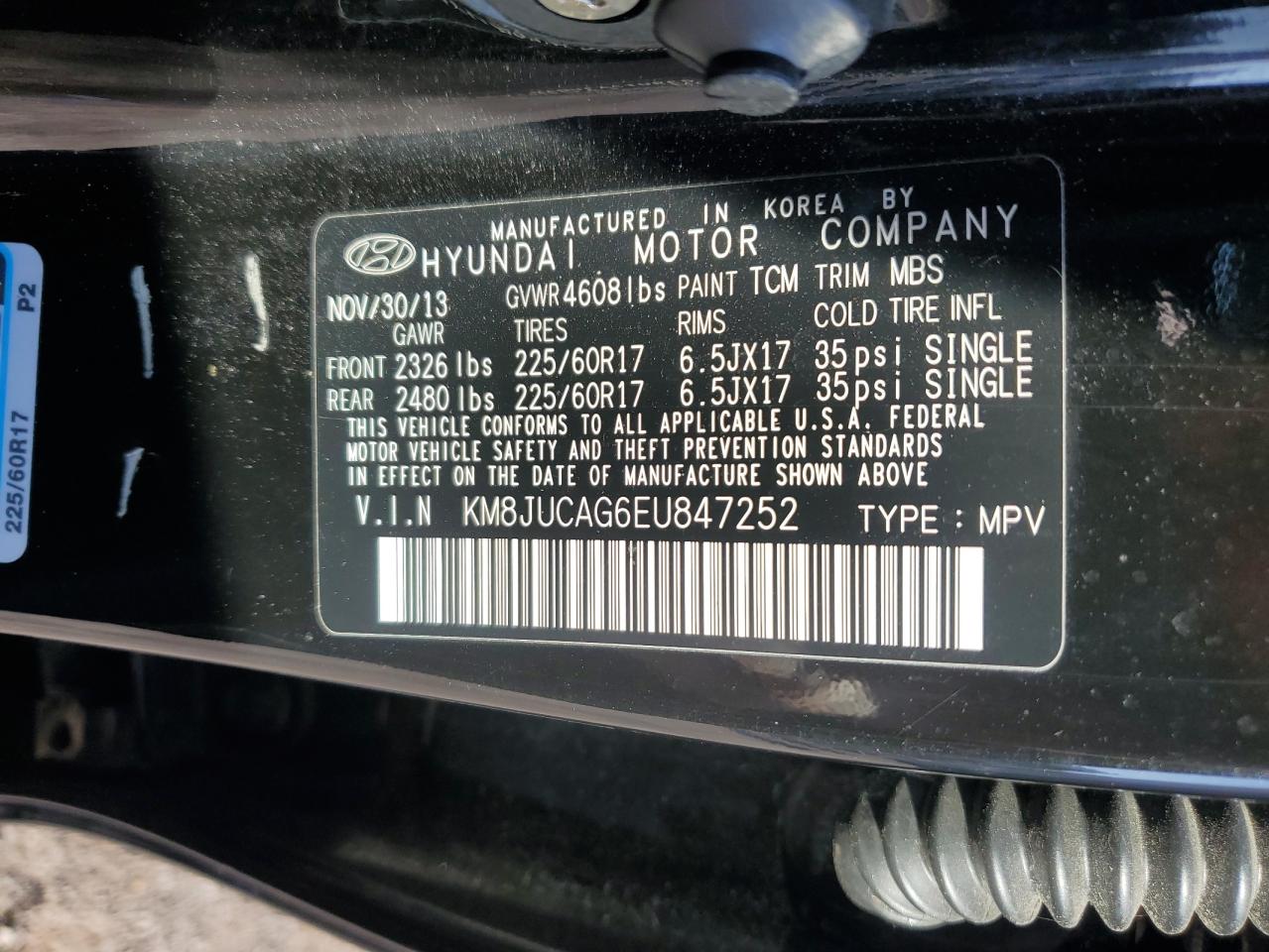 2014 Hyundai Tucson Gls VIN: KM8JUCAG6EU847252 Lot: 80514605