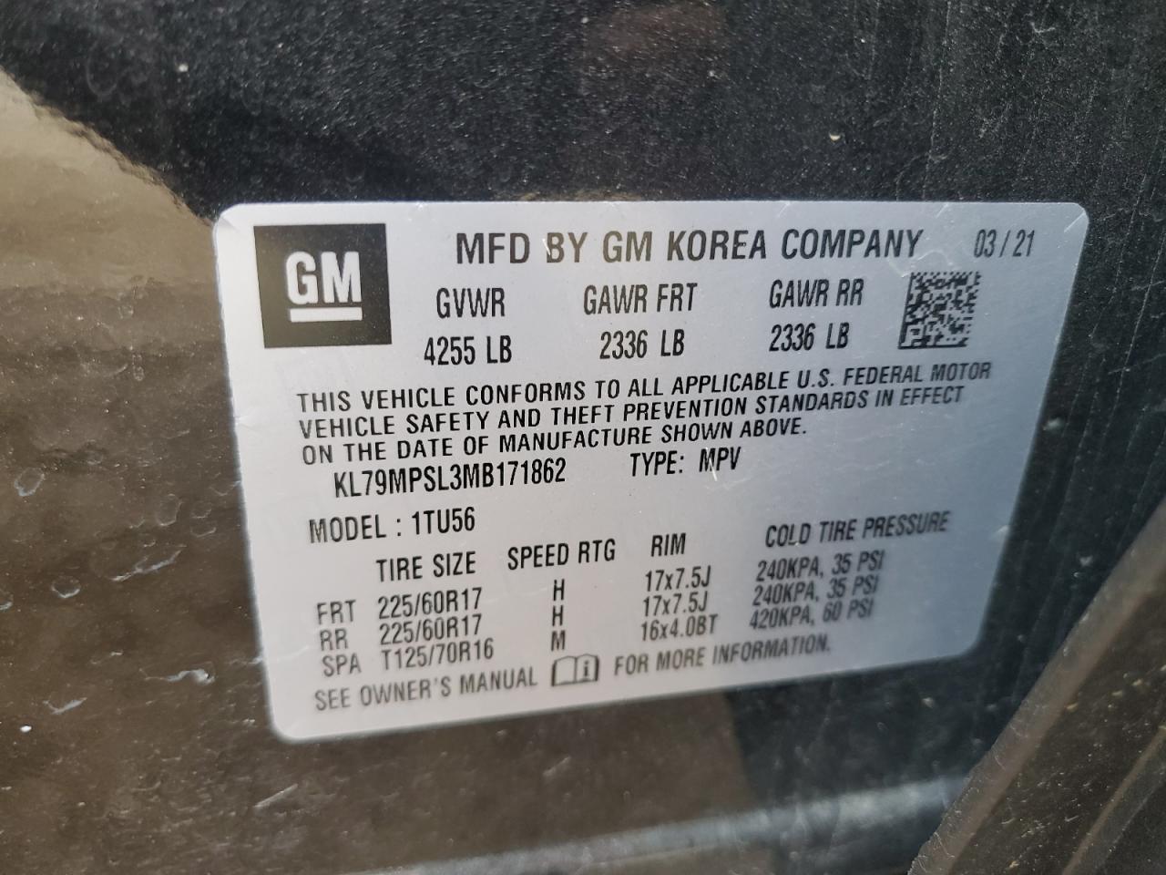 2021 Chevrolet Trailblazer Lt VIN: KL79MPSL3MB171862 Lot: 83884635