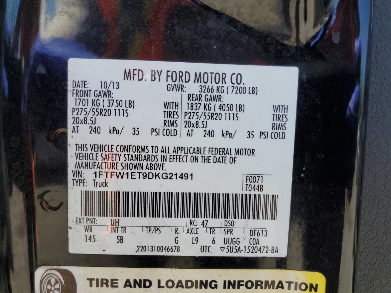 2013 Ford F150 Super Cab VIN: 1FTFX1ET9DFE21491 Lot: 70955345