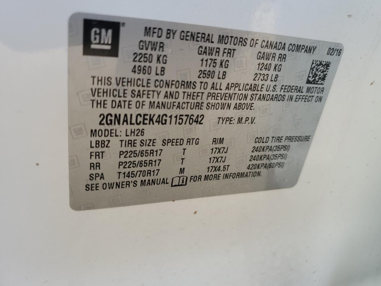 2016 Chevrolet Equinox Lt VIN: 2GNALCEK4G1157642 Lot: 80145965