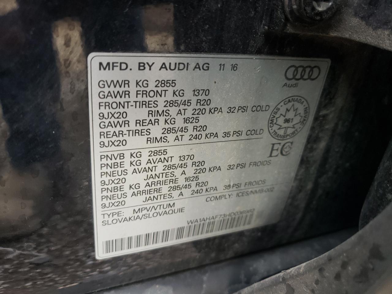 2017 Audi Q7 Premium VIN: WA1AHAF73HD036982 Lot: 81395125