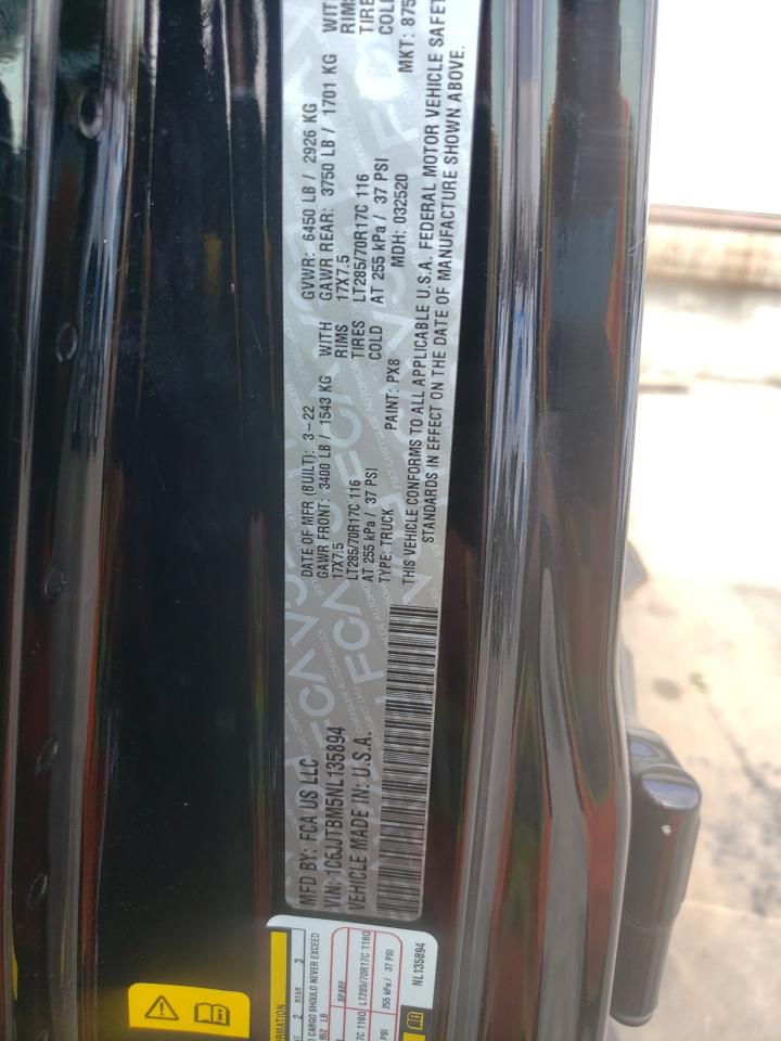 2022 Jeep Gladiator Rubicon VIN: 1C6JJTBM5NL135894 Lot: 80289235