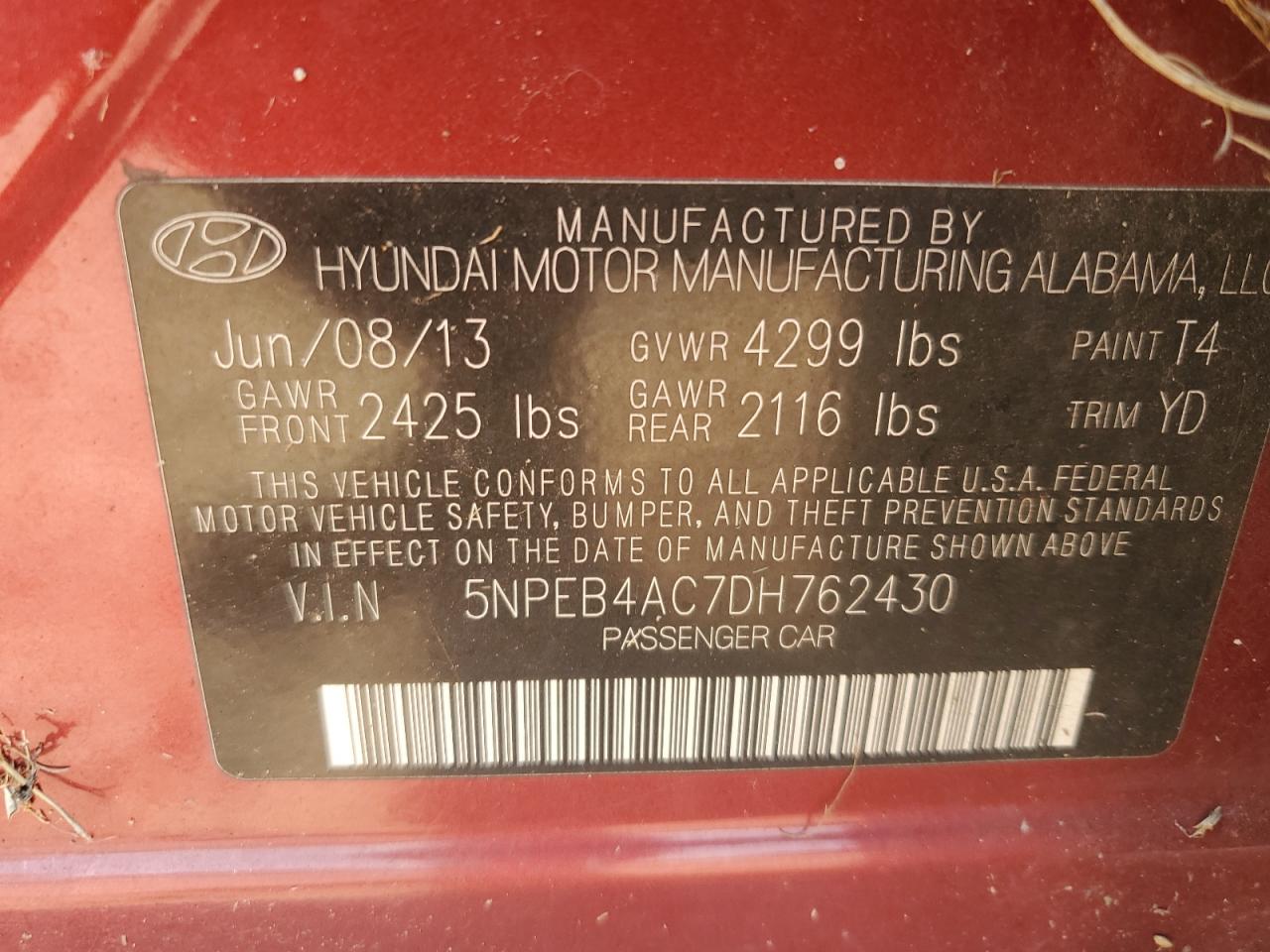 2013 Hyundai Sonata Gls VIN: 5NPEB4AC7DH762430 Lot: 81114985
