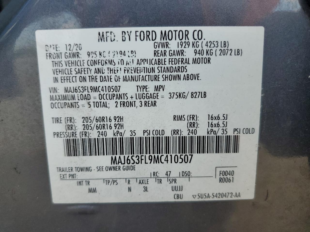 2021 Ford Ecosport S VIN: MAJ6S3FL9MC410507 Lot: 80508665