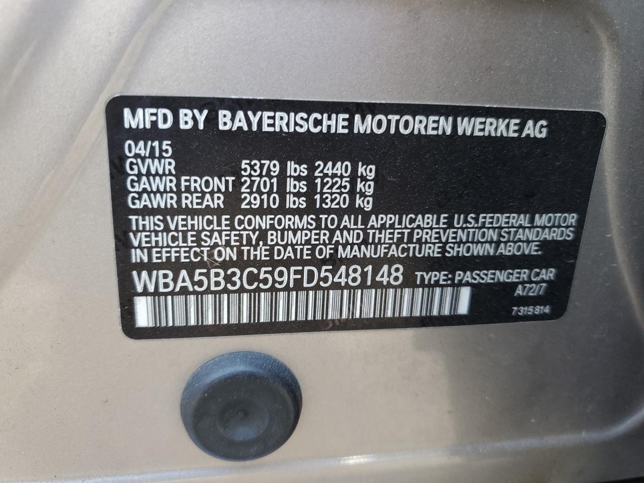 2015 BMW 535 Xi VIN: WBA5B3C59FD548148 Lot: 80964825
