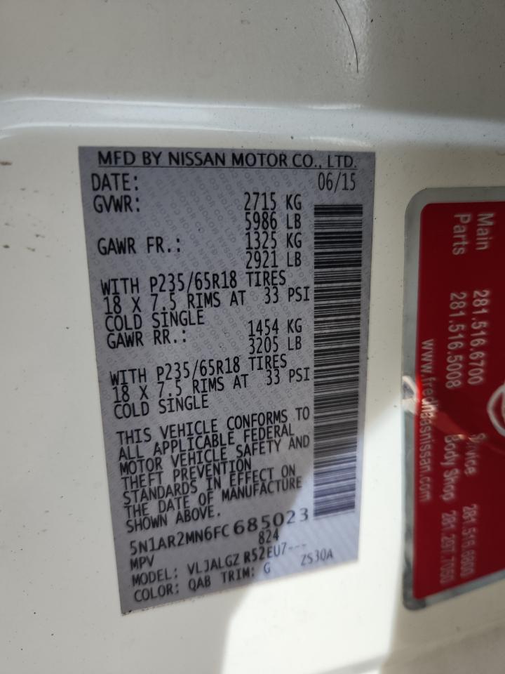 2015 Nissan Pathfinder S VIN: 5N1AR2MN6FC685023 Lot: 81853145