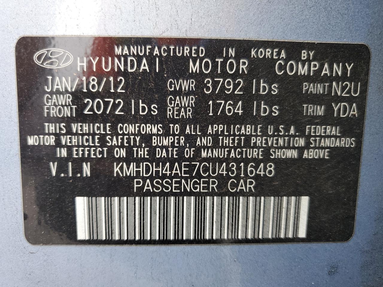 2012 Hyundai Elantra Gls VIN: KMHDH4AE7CU431648 Lot: 84208955