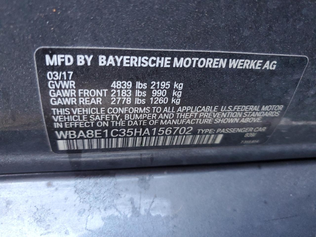 2017 BMW 330E VIN: WBA8E1C35HA156702 Lot: 71975395
