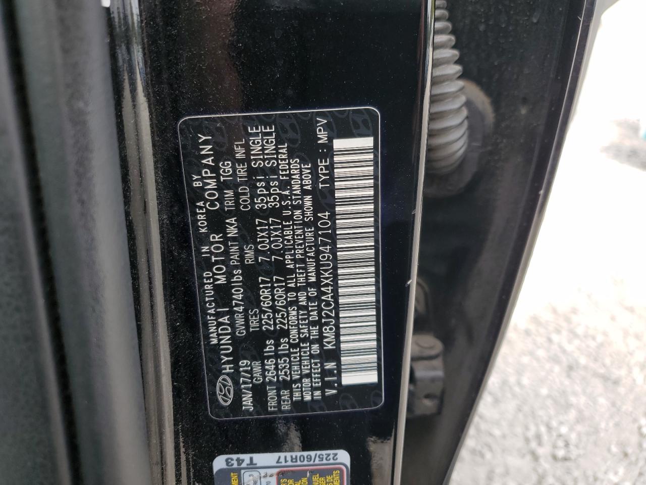 2019 Hyundai Tucson Se VIN: KM8J2CA4XKU947104 Lot: 81790455