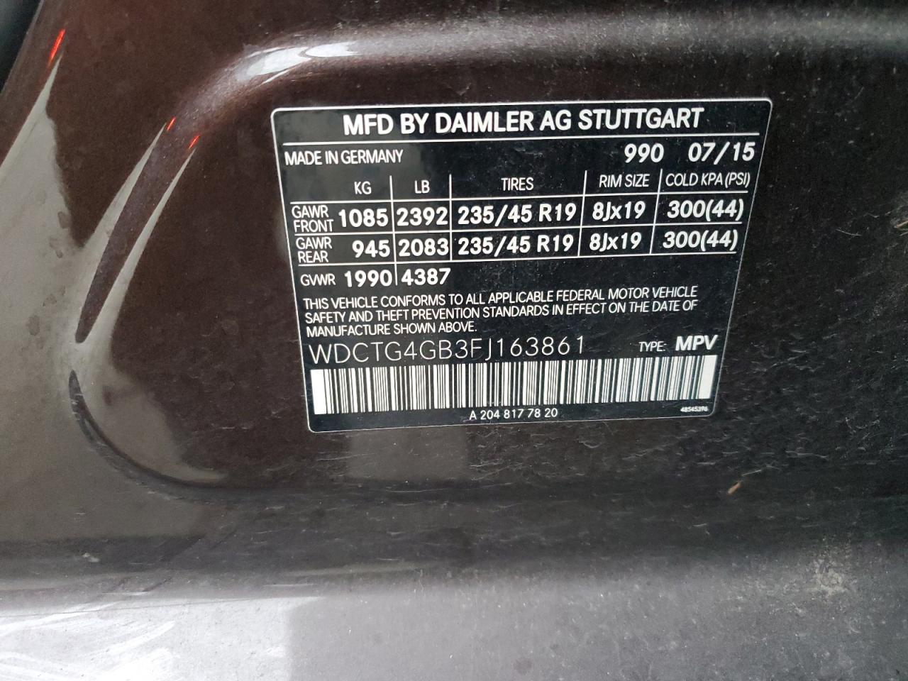 2015 Mercedes-Benz Gla 250 4Matic VIN: WDCTG4GB3FJ163861 Lot: 81803365