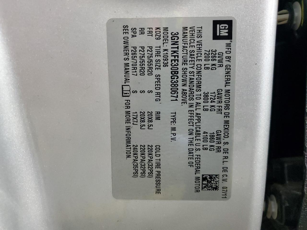 2011 Chevrolet Avalanche Lt VIN: 3GNTKFE30BG380671 Lot: 83938835