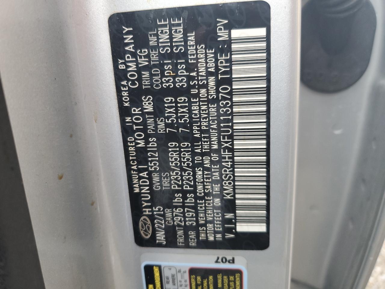 2015 Hyundai Santa Fe Gls VIN: KM8SR4HFXFU113370 Lot: 81681035