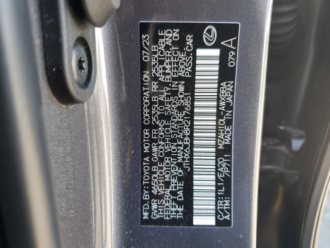 2024 Lexus Ux 250H Base VIN: JTHX6JBH8R2176851 Lot: 80460855