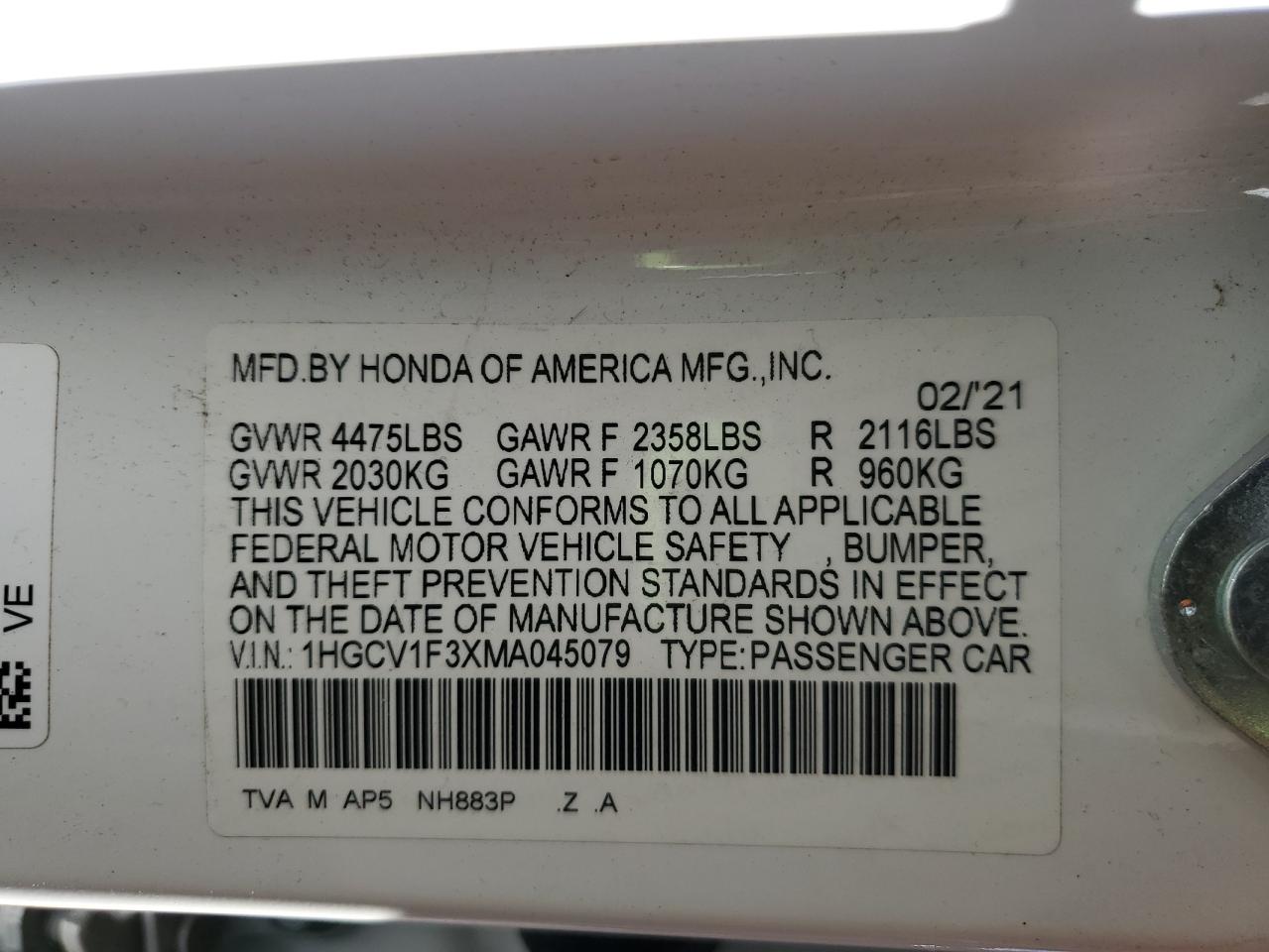2021 Honda Accord Sport VIN: 1HGCV1F3XMA045079 Lot: 83823535