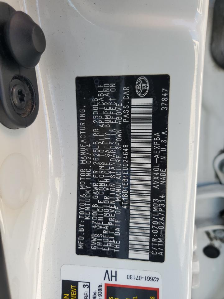 2014 Toyota Avalon Hybrid VIN: 4T1BD1EB4EU024648 Lot: 71164145