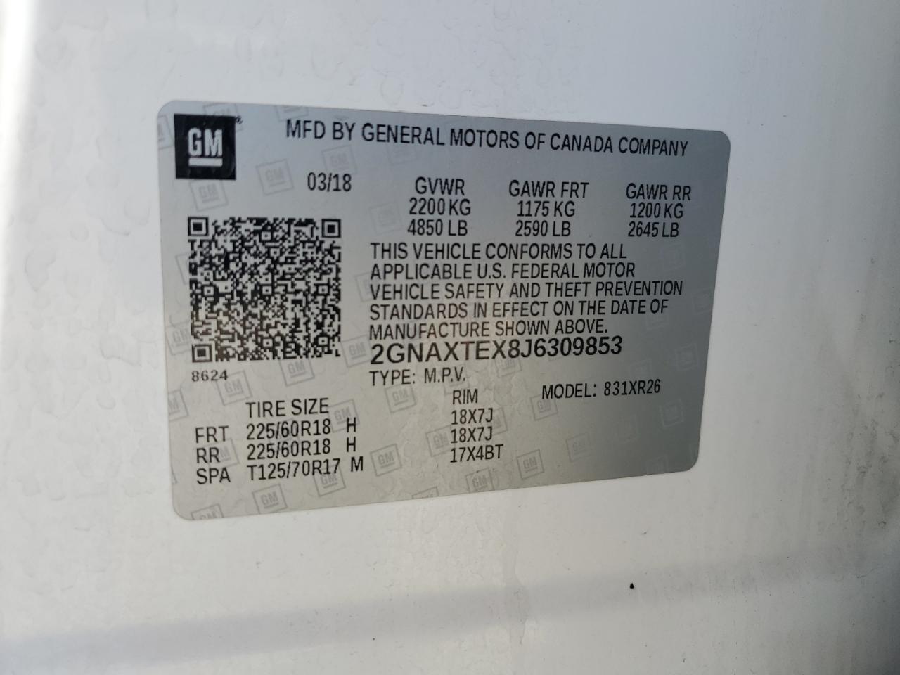 2018 Chevrolet Equinox Lt VIN: 2GNAXTEX8J6309853 Lot: 81802905