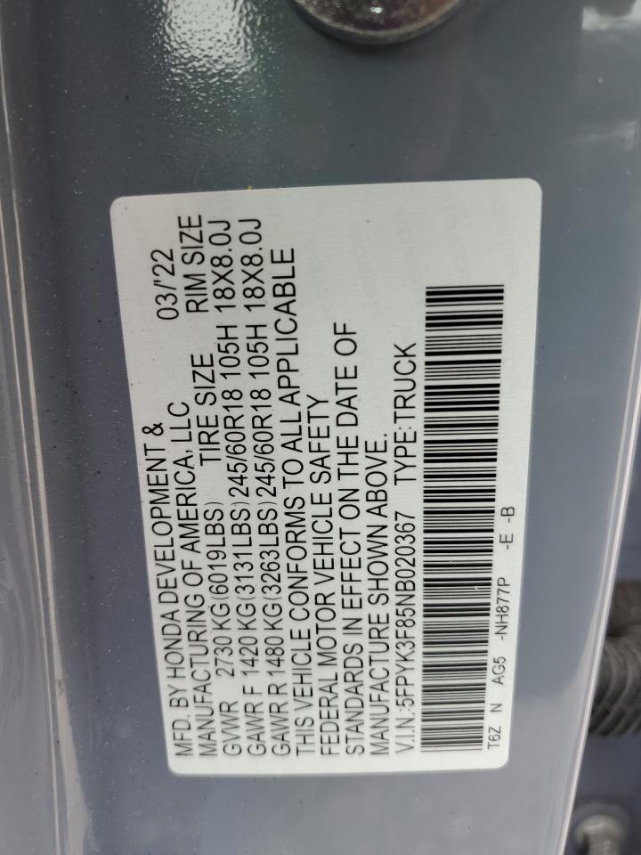 2022 Honda Ridgeline Black Edition VIN: 5FPYK3F85NB020367 Lot: 84268555