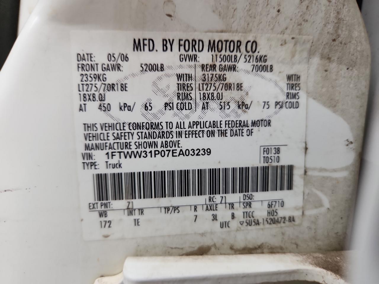 2007 Ford F350 Srw Super Duty VIN: 1FTWW31P07EA03239 Lot: 81329755