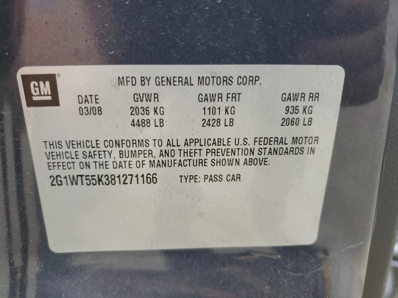 2008 Chevrolet Impala Lt VIN: 2G1WT55K381271166 Lot: 84034825