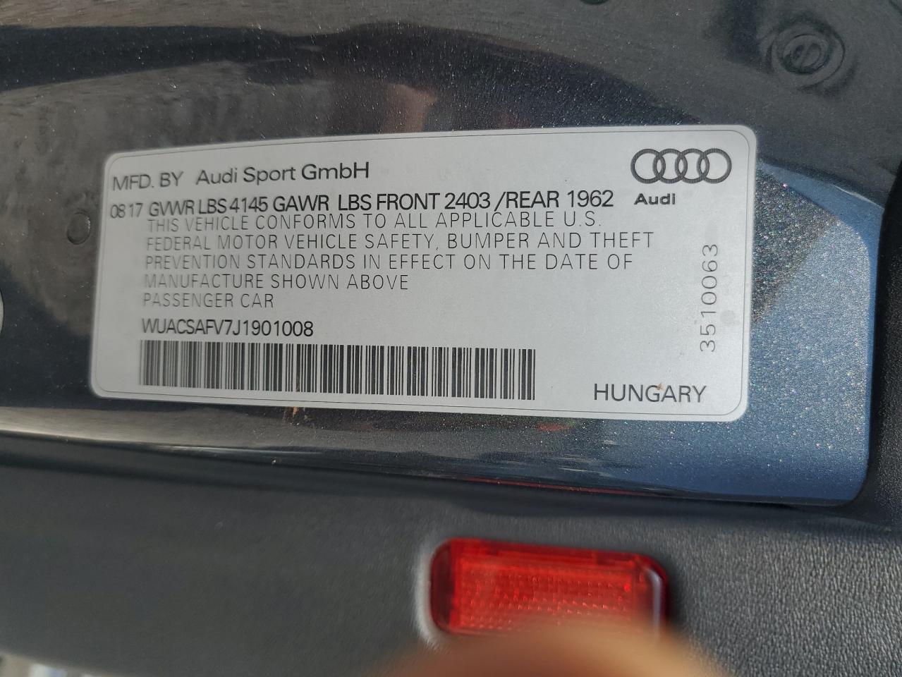 2018 Audi Tt Rs VIN: WUACSAFV7J1901008 Lot: 71192825
